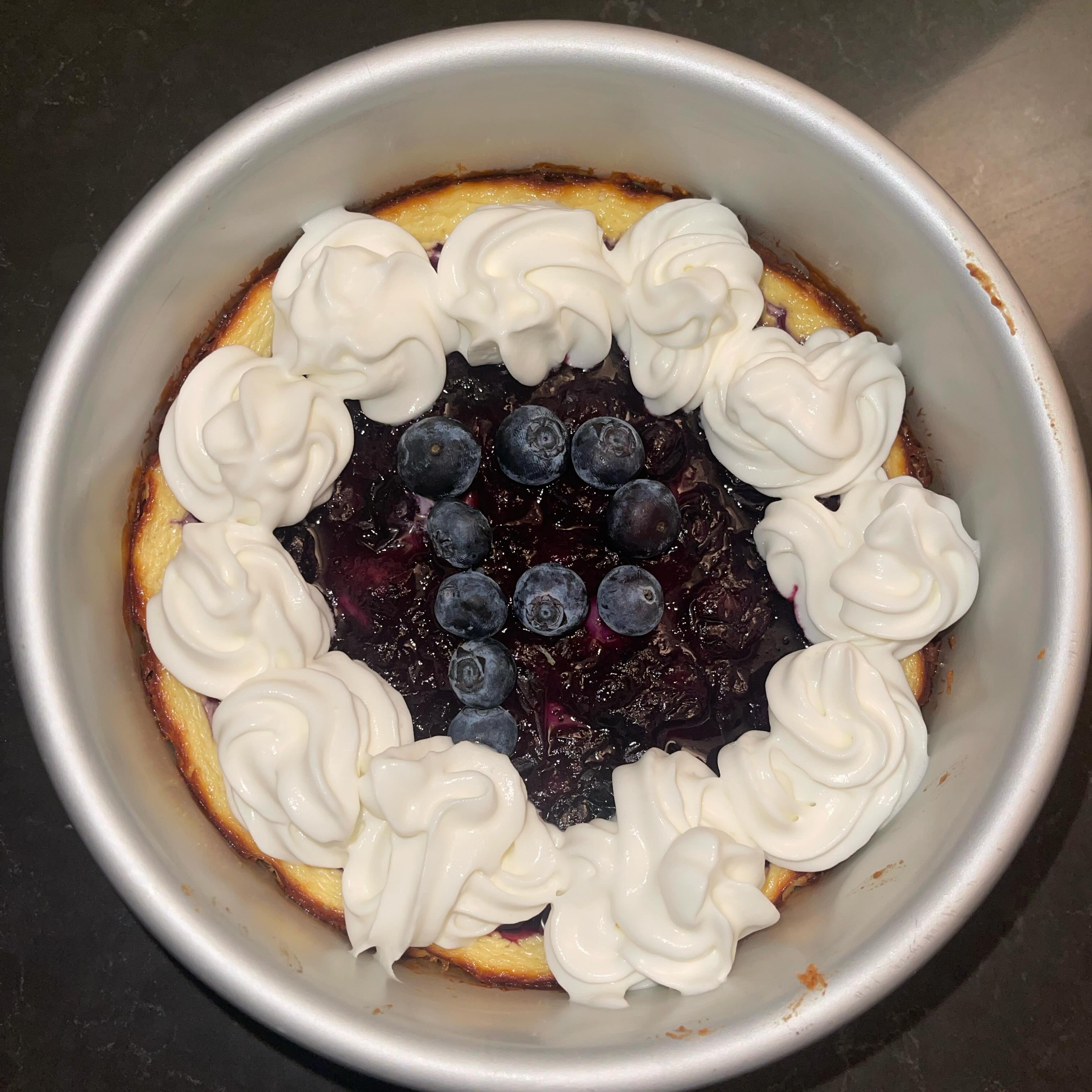 cottage cheese cheesecake w blueberries and whipped cream (recipe in prev post)