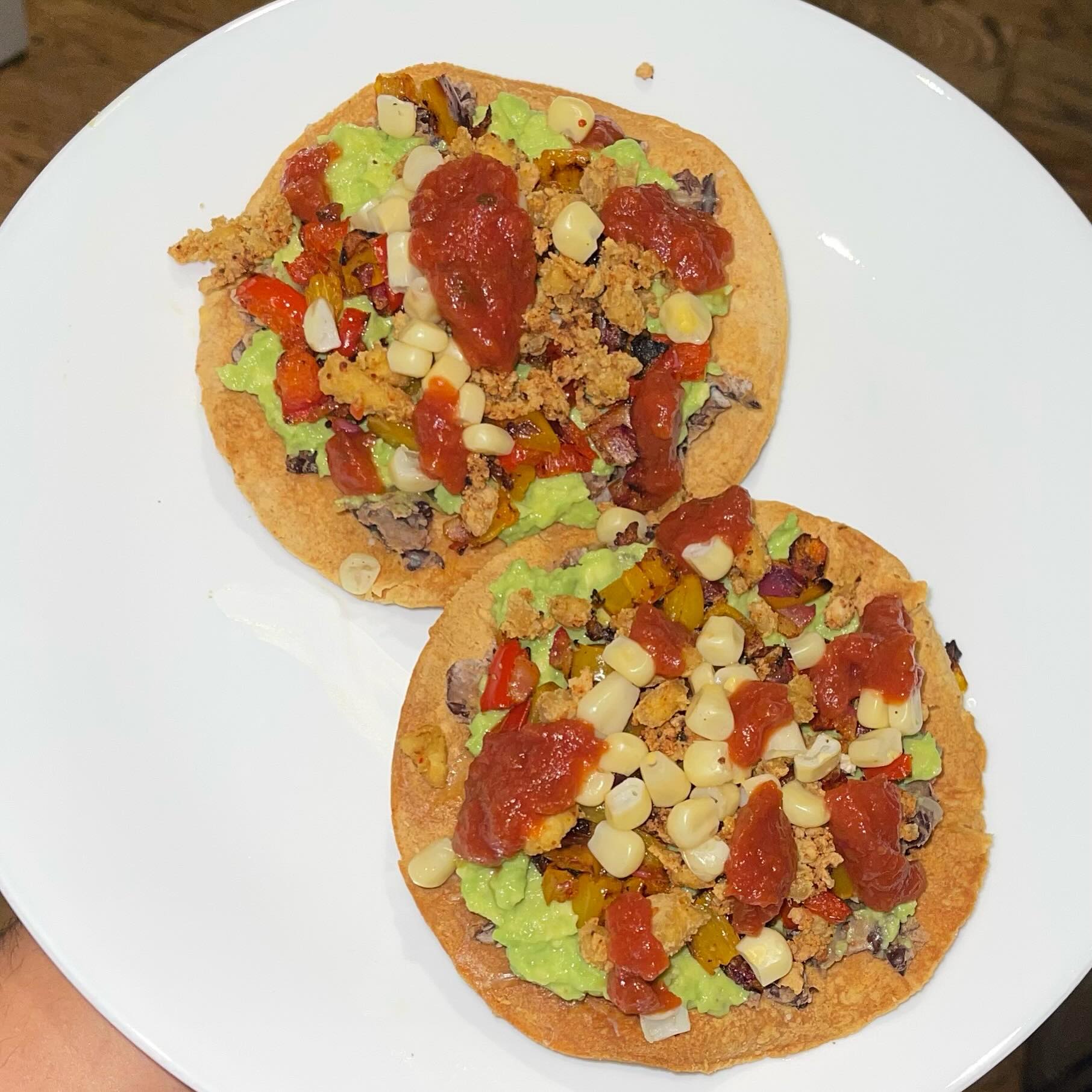 black bean and crumbled tofu tostadas