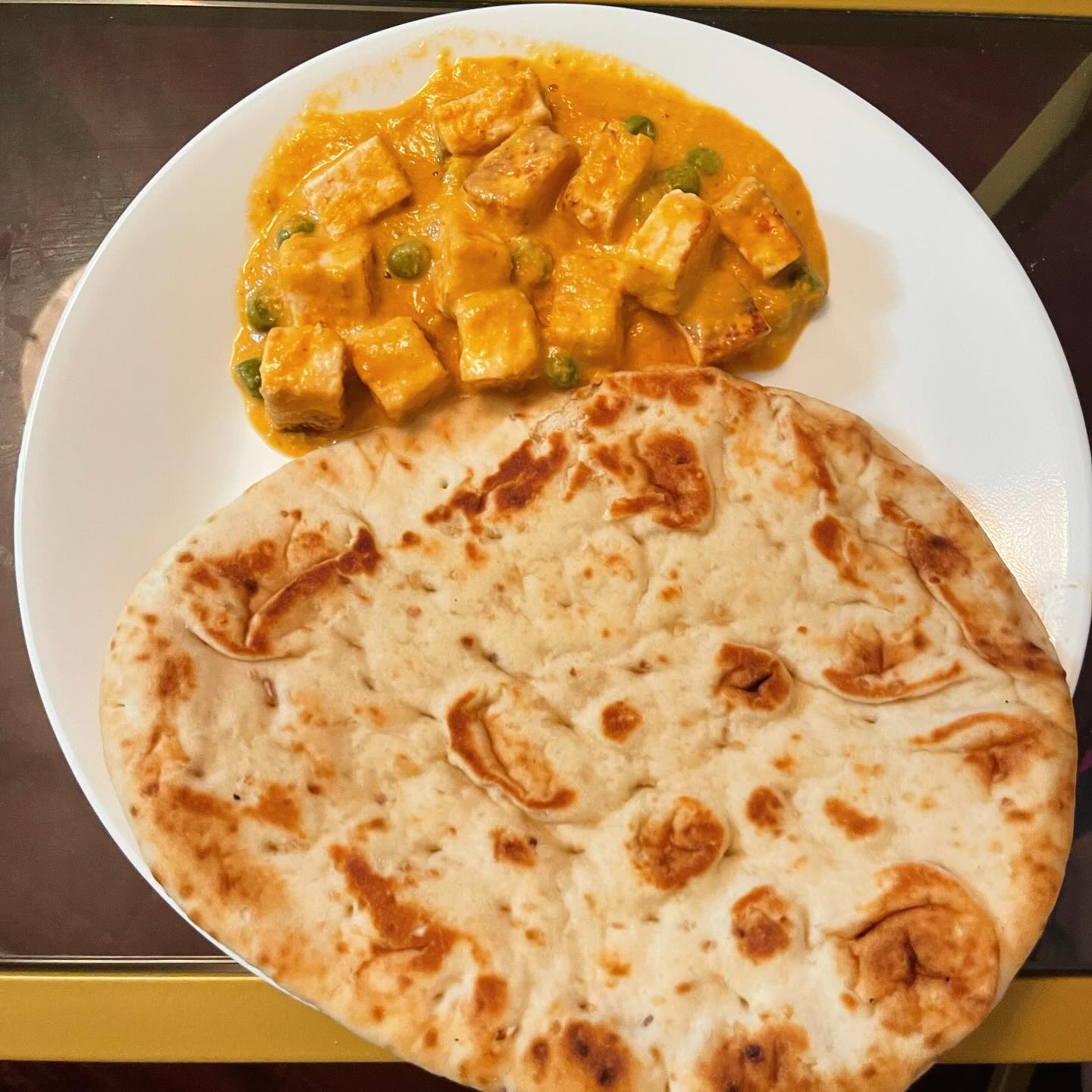mutter paneer (cottage cheese subbed for heavy cream) and garlic naan
