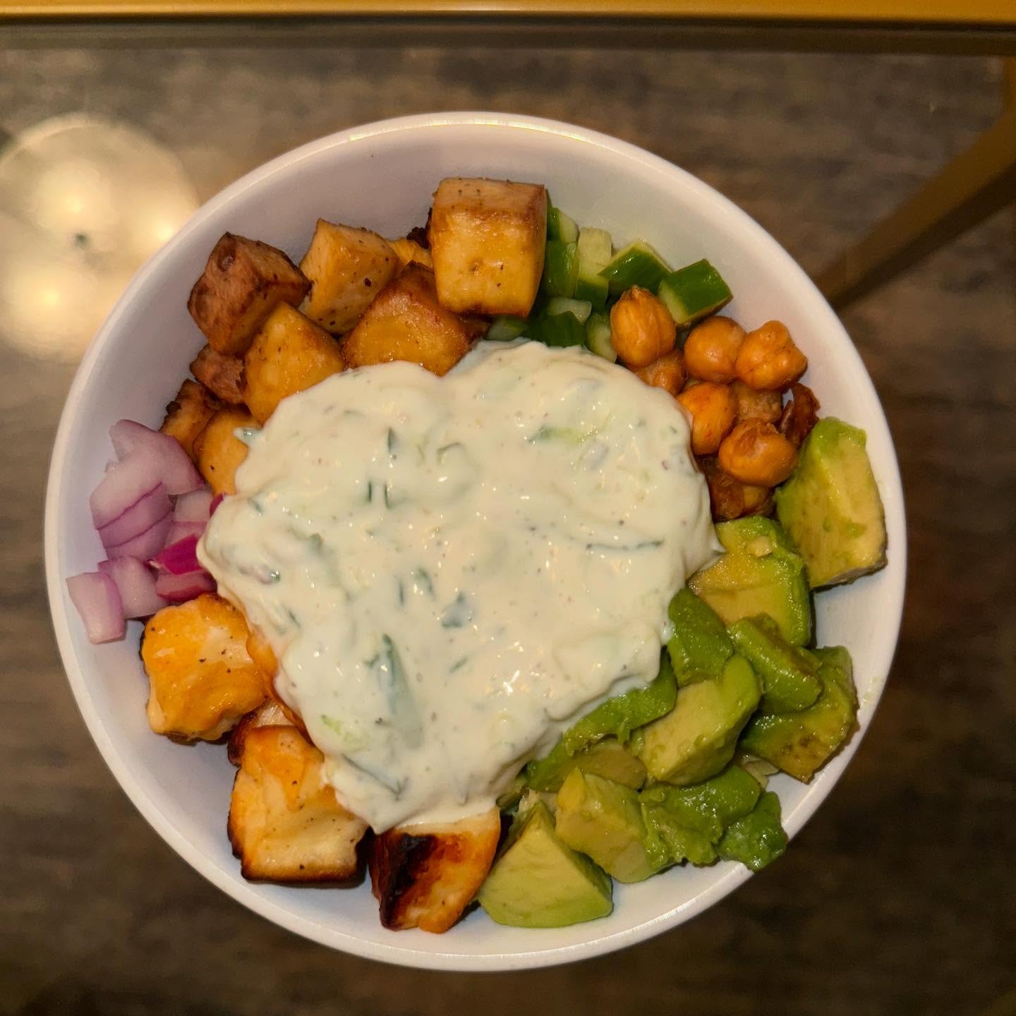 tofu & halloumi souvlaki bowls