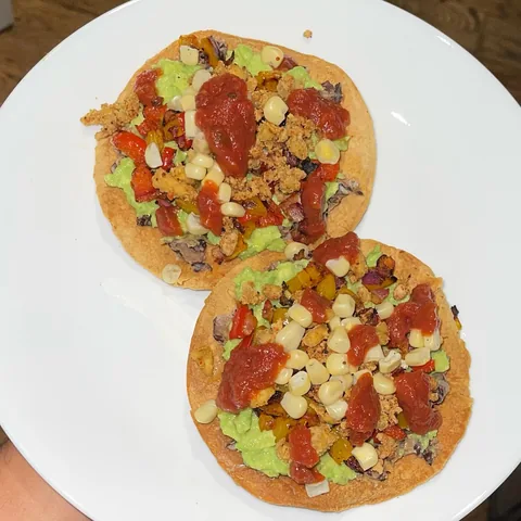 black bean and crumbled tofu tostadas